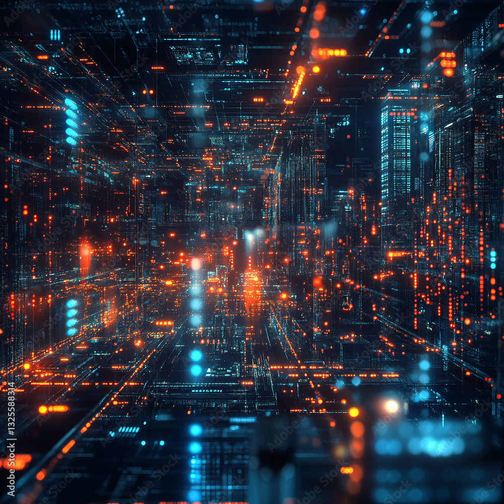 Naklejka premium Futuristic Night Cityscape With Vibrant Blue and Orange Lights