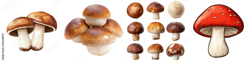 Assortment of Edible Mushrooms in the Forest Various Types of Wild Organic Fungi Growing in the Wilderness Assortment of Edible Mushrooms in the Forest Various Types of Wild Organic Fungi Growing in the Wilderness