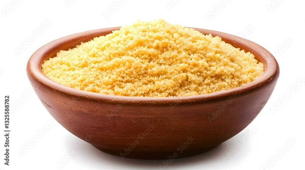 Bowl with delicious semolina pudding on white