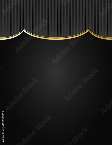 Black draped curtain background for photography, theater, vip interior, concert, fashion shows, highend events, gothic or modern home decor, exhibition booths. Vector with empty copy space