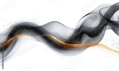 Abstract watercolor paint background illustration - Black gray color and golden lines, with liquid fluid marbled swirl waves texture banner texture, isolated on white