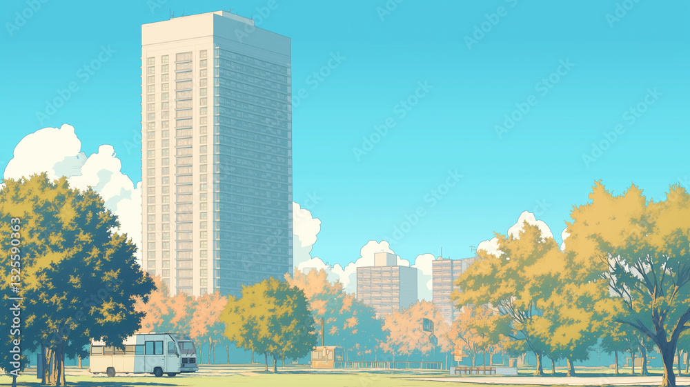 Obraz premium 都会のオアシス｜公園と高層ビルが調和する風景｜自然と都市の融合｜クラシックな色合いの街並み｜市街地の心地よい空間｜散歩やサイクリングを楽しむ人々｜開放的な街並みと活気ある公共スペース｜コミュニティが息づく都市風景