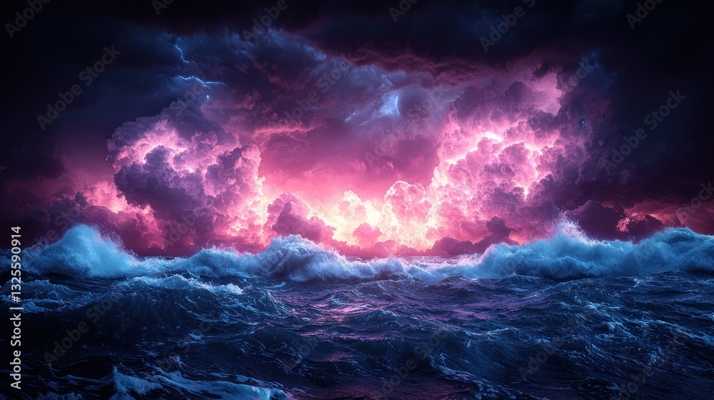 Fototapeta premium Dramatic pink and blue stormy ocean waves and sky.