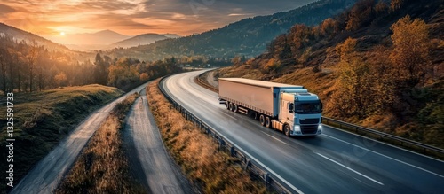 A large transport truck navigates a picturesque mountain route. 