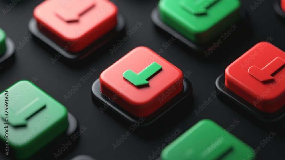 Red and green buttons with check marks on dark background. Red and green buttons with check marks on dark background.