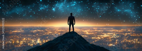 A warrior standing at the top of a mountain, overlooking an expansive, futuristic city that glows under the night sky