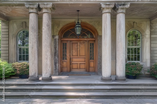 Grand entrance with classical columns and a large wooden door. Ideal for architectural  real estate  or luxury themes.