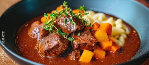 Close-Up of a Nordic Design Bowl Featuring Hungarian Venison Goulash 