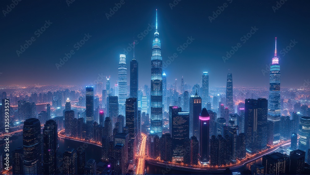 Fototapeta premium Modern City Skyline Illuminated at Night