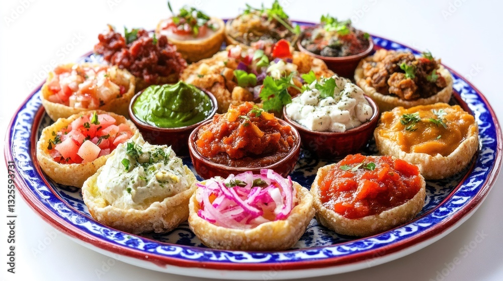 Assorted toppings on mini rounds, displayed on a blue pattern plate against a bright background Assorted toppings on mini rounds, displayed on a blue pattern plate against a bright background