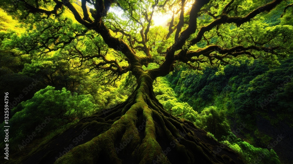 A lush green tree extends its branches high into the sky A lush green tree extends its branches high into the sky
