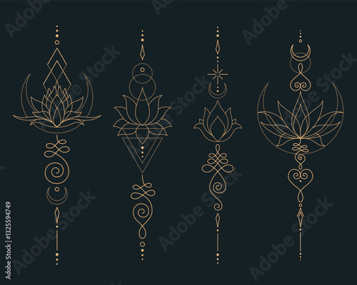 Set of Mystic Lotus Sacred Geometry Unalome Boho Tattoo Design Collection. Vector isolated buddhist line hand drawn symbol