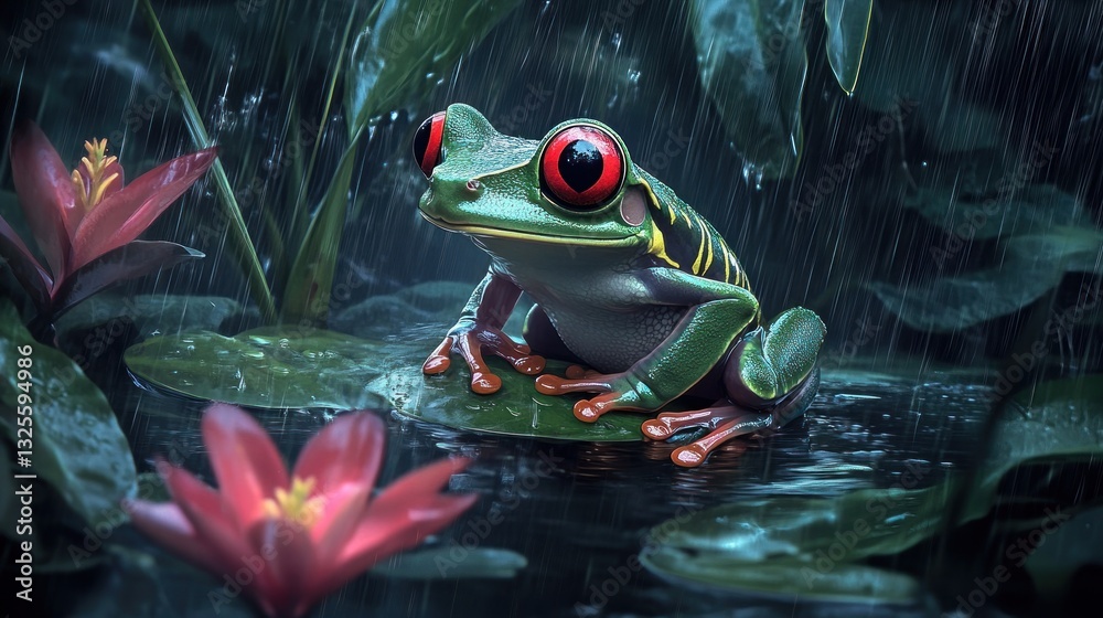 A vibrant red-eyed tree frog sits on a lily pad in a lush rainforest, rain falling around it. A vibrant red-eyed tree frog sits on a lily pad in a lush rainforest, rain falling around it.