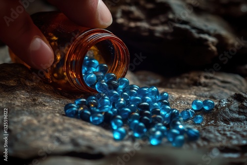 Amber bottle spills vibrant blue capsules onto a dark rock. Image ideal for health, medicine, or pharmaceutical concepts.