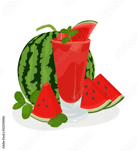 Watermelon. Watermelon smoothie in a glass with sliced of watermelon and mint leaves.