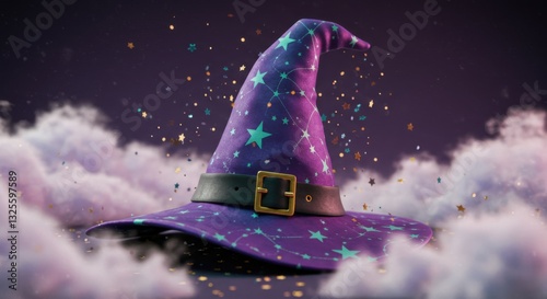 Magical wizard hat, cosmic galaxy pattern, starry night sky, fluffy white clouds, glowing particles, mystical, ethereal, fantasy, digital art, vibrant colors, purple and blue hues, golden buckle, whim