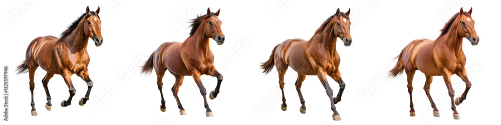 Obraz premium Herd of majestic chestnut horses galloping across a lush grassy field in a dynamic display of power speed and grace The muscular equine athletes move with unbridled energy and freedom