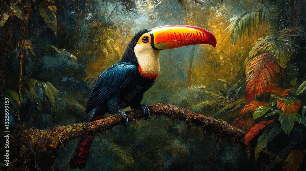 Fototapeta premium a colorful toucan perches on a tree branch surrounded by lush foliage in an exotic setting. The bird's vibrant plumage contrasts with the dark background, creating a striking visual