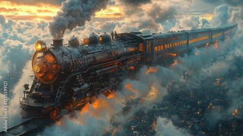 Steam train soaring above a city in clouds at sunset.