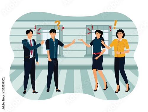 Angry businessman men, women colleagues team arguing having dispute fight.