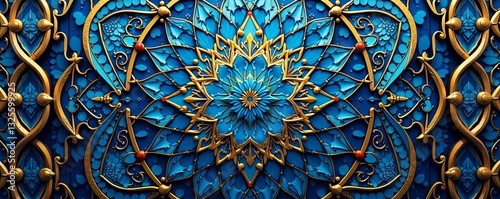 Intricate geometric arabesque design in blue and gold hues, blue, geometric