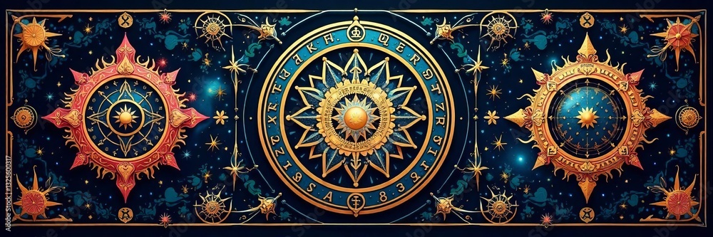 Obraz premium Intricate mystical symbols pattern with ancient runes and celestial symbols, esoteric, celestial