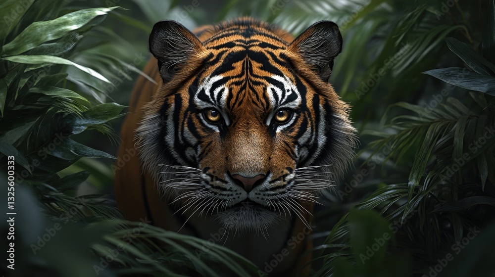 a majestic tiger in a dense jungle environment, showcasing its striking pattern and piercing gaze a majestic tiger in a dense jungle environment, showcasing its striking pattern and piercing gaze