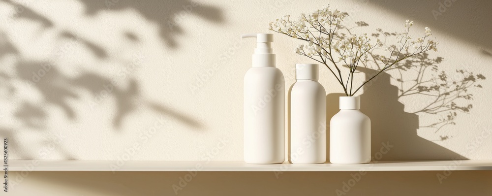 A serene display of minimalist white bottles and delicate foliage casting soft shadows on a textured wall. A serene display of minimalist white bottles and delicate foliage casting soft shadows on a textured wall.