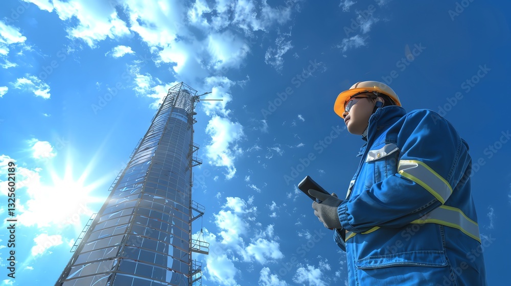 custom made wallpaper toronto digitalConstruction Worker Inspecting Tall Industrial Tower Against Blue Sky Background