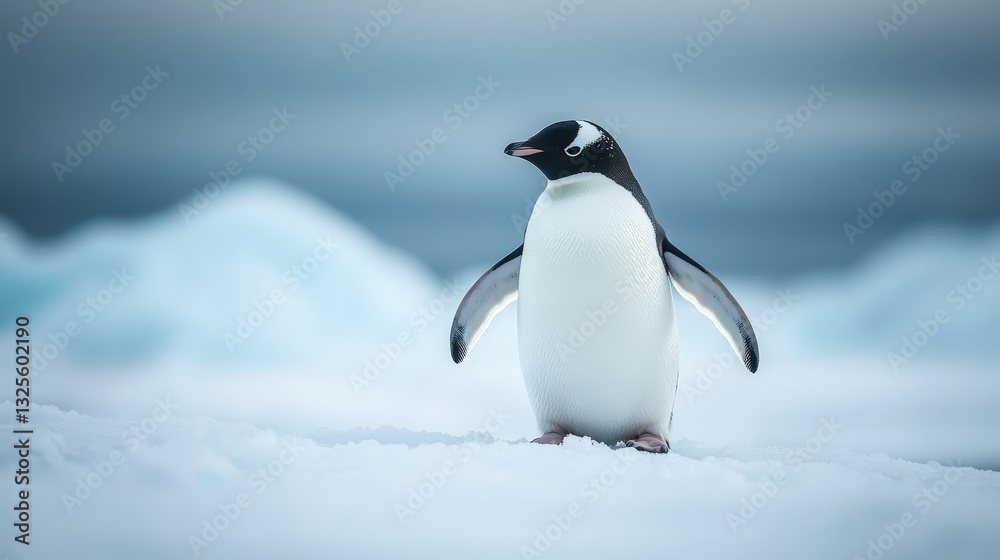 Fototapeta premium a solitary penguin standing on ice, with ocean and sky in background