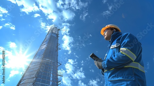 Wallpaper Mural Construction Worker Inspecting Tall Industrial Tower Against Blue Sky Background Torontodigital.ca
