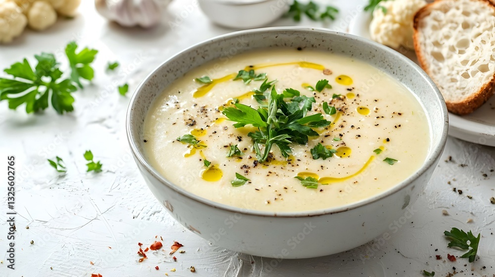 Vegan cauliflower soup on white background Vegan cauliflower soup on white background