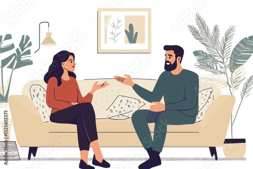 Crisis in marriage. Loving indian woman talking and calming husband, touching man, couple sitting on couch at home, having quarrel