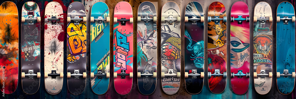 Fototapeta premium The Dynamic Array of Intricately Designed Skateboards Expressing the Spirit of Street Culture