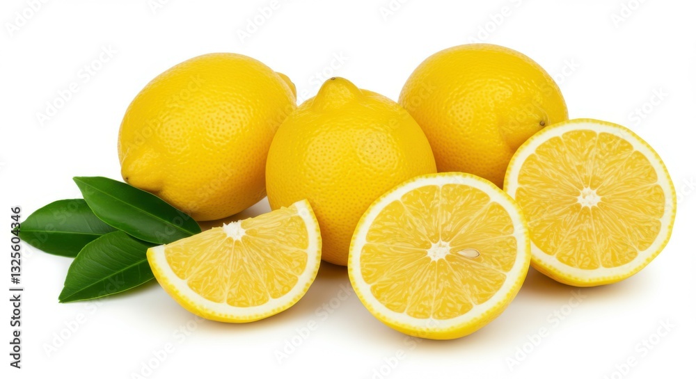 Yellow lemons, Whole and sliced citrus fruits, Green leaves, White background, Bright and vibrant colors, Fresh produce, Close-up photography, Culinary ingredients, Vitamin C, Sour flavor, Textured le Yellow lemons, Whole and sliced citrus fruits, Green leaves, White background, Bright and vibrant colors, Fresh produce, Close-up photography, Culinary ingredients, Vitamin C, Sour flavor, Textured le