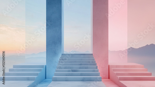 Abstract pastel colored stairs with serene mountain backdrop