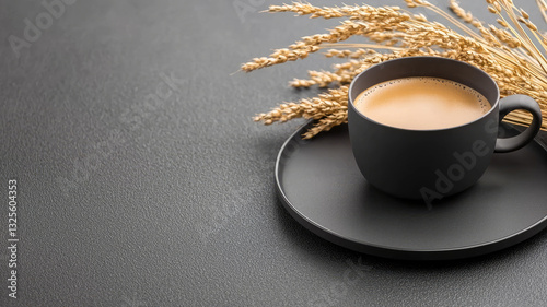 Black ceramic cup of coffee on round plate with wheat stalks on textured surface