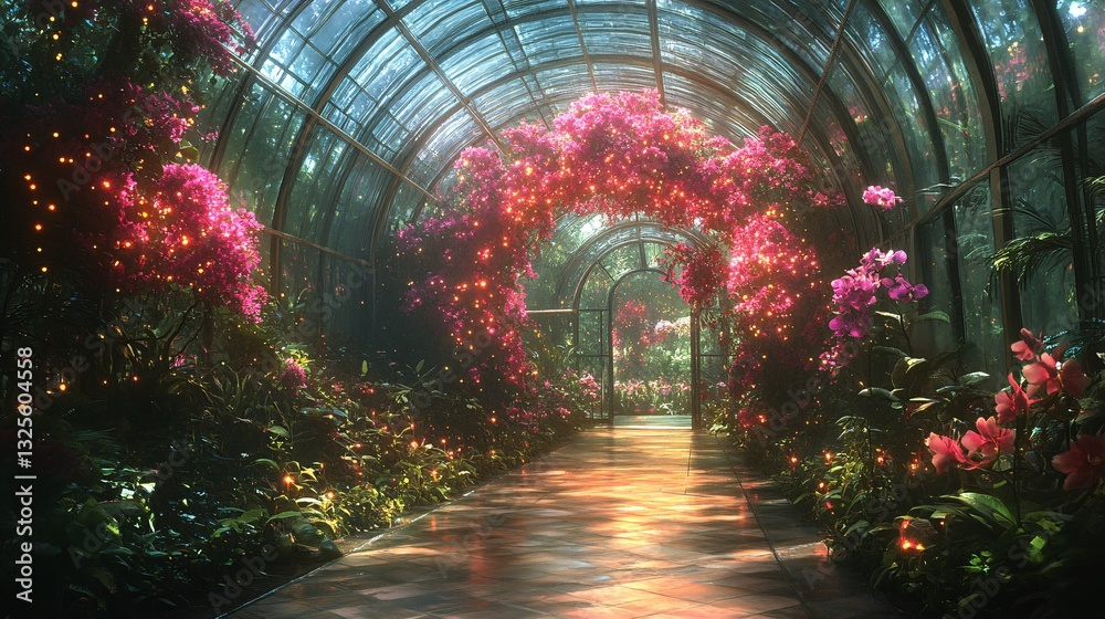 Fototapeta premium A glowing orchid greenhouse filled with flowers that emit a bioluminescent glow