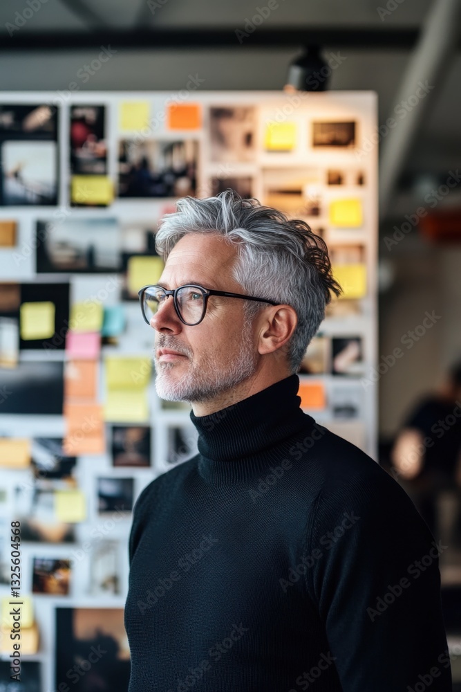 Obraz premium Thoughtful Mature Man in turtleneck Sweater Contemplating in Office