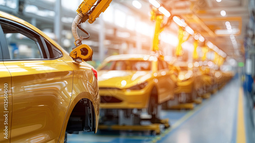 Robotic arms assembling yellow cars in modern automobile factory