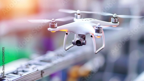 white drone with camera hovers in futuristic automated factory setting