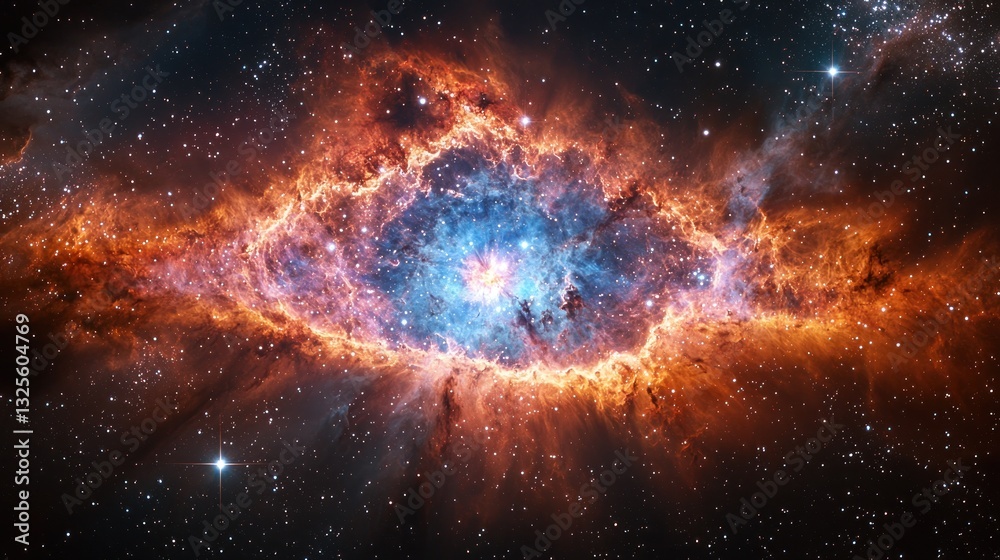 Obraz premium Fiery cosmic nebula with bright core and swirling gases.
