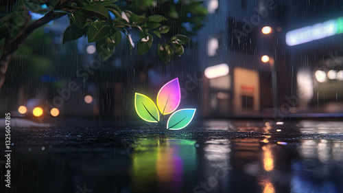 Glowing neon leaf logo on wet pavement in rainy urban night scene