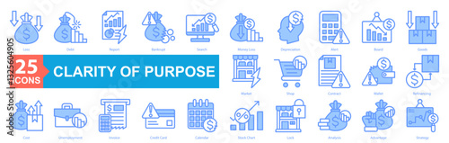 Clarity Of Purpose And Direction Icon Sheet Loss, Debt, Report, Bankrupt, Search, Money Loss, Depreciation, Alert, Board, Goods, Market, Shop, Contract, Wallet, Refinancing, Cost, Unemployment