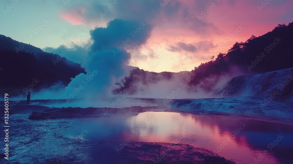 Geothermal valley sunrise; solitary figure observes steaming hot springs