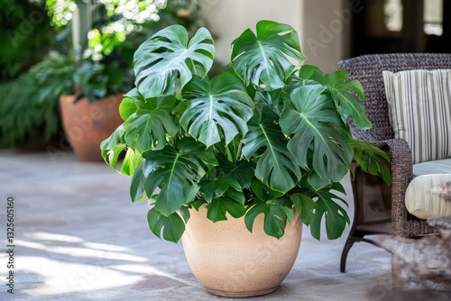 A potted Monstera plant nestled in a secluded outdoor patio area.