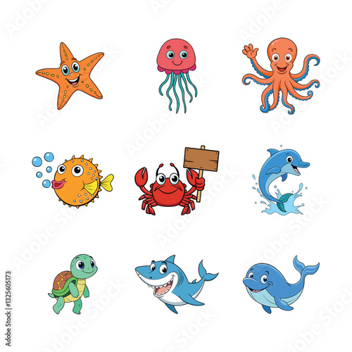 Cute Ocean & Sea Animal Mascots – Playful Cartoon Marine Life Vector Set