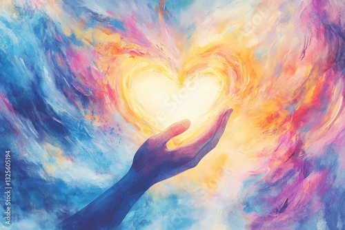 Holding Heart Glowing with Love Artistic Painting in Colorful Abstract Sky