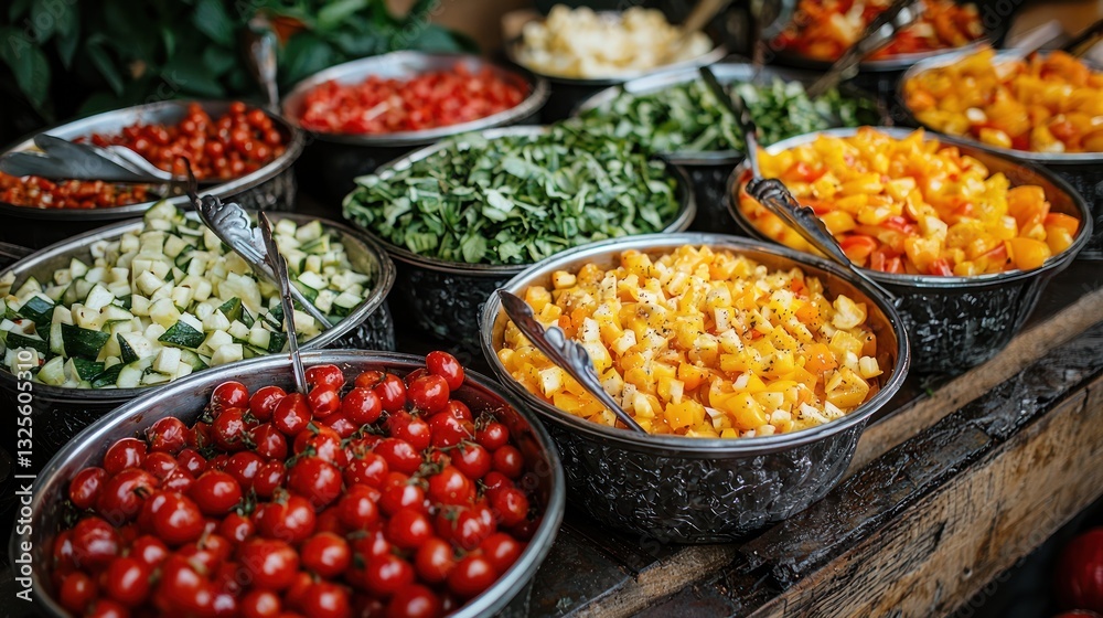 Fototapeta premium Colorful chopped vegetables in metal bowls at a market.