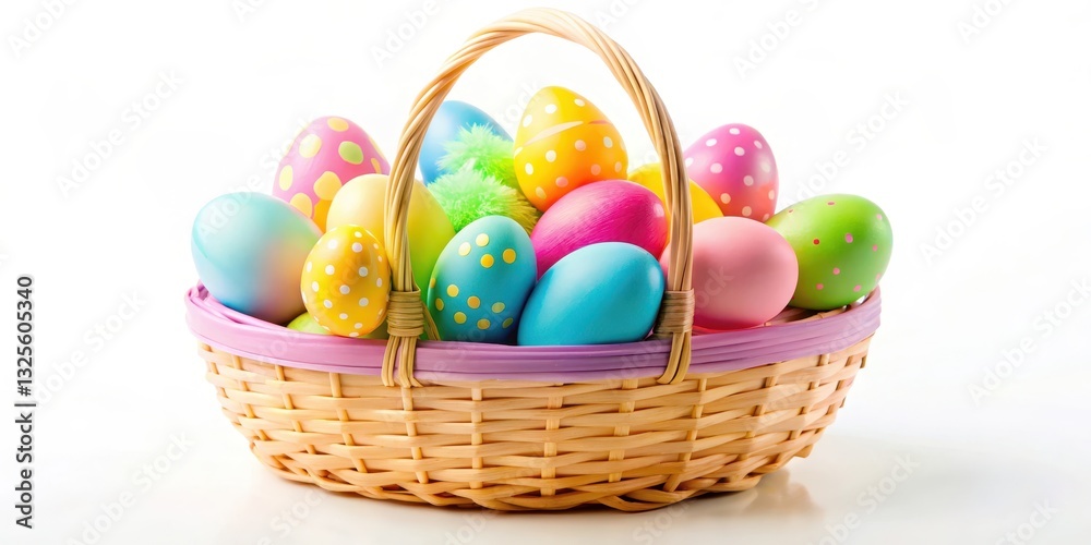 Brightly colored plastic Easter eggs in a basket on a white background Brightly colored plastic Easter eggs in a basket on a white background